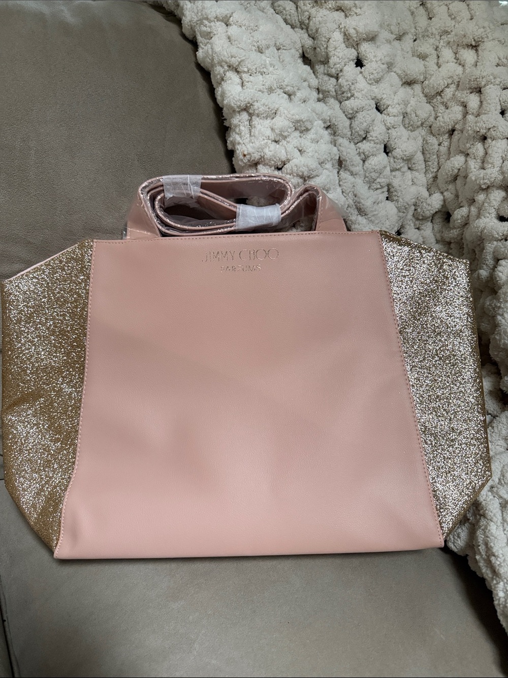 Jimmy Choo Blush Pink Tote with Gold Glitter Panels NWOT